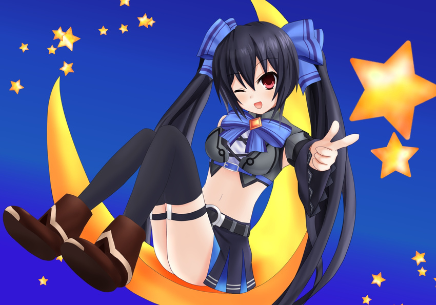 :d ;d black_hair blush bow breasts gem hair_bow hair_ornament highres kami_jigen_game_neptune_v long_hair midriff moon navel neptune_(series) noire one_eye_closed open_mouth red_eyes ribbon sarvuant simple_background smile solo star twintails very_long_hair