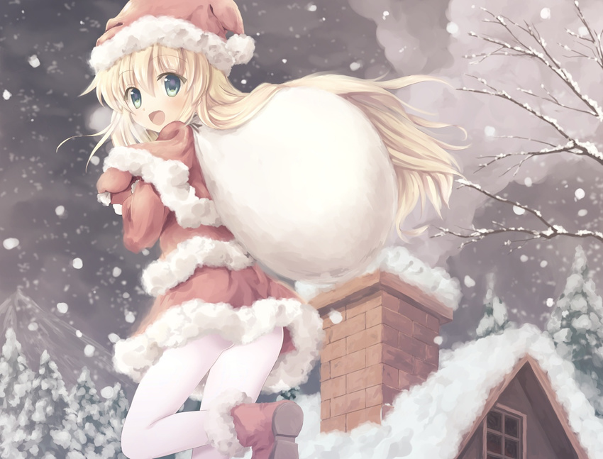 blonde_hair blue_eyes blush boots chimney christmas francis_de_lariatte gloves hat long_hair looking_at_viewer open_mouth original pantyhose sack santa_costume santa_hat sky smile snow solo white_legwear