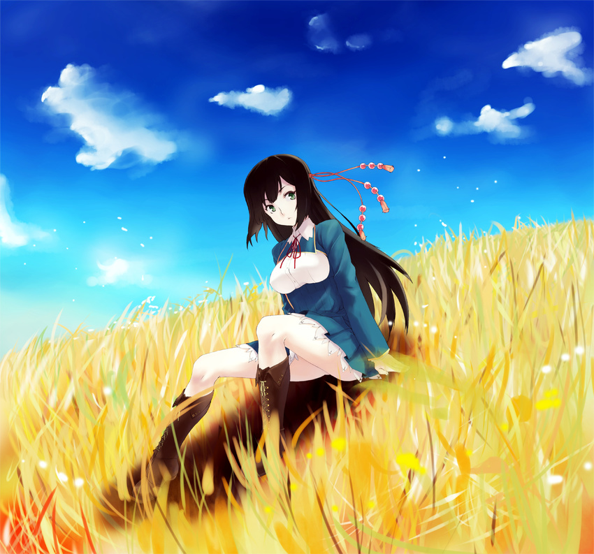 black_hair blue_sky boots breasts brown_hair cloud cross-laced_footwear day field framed_breasts green_eyes hair_ornament highres kirisato_itsuki knee_boots koi_to_senkyo_to_chocolate lace-up_boots medium_breasts school_uniform shinonome_satsuki sitting sky solo tassel wind