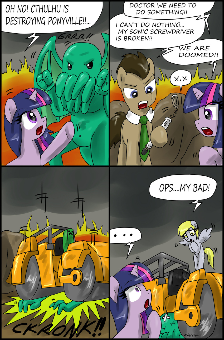 2012 blonde_hair blue_eyes brown_hair ciriliko comic creeper cthulhu cthulhu_mythos derpy_hooves_(mlp) dialog dialogue doctor_whoof_(mlp) doctor_whooves_(mlp) english_text equine female feral fire friendship_is_magic h.p._lovecraft hair horn horse male mammal minecraft multi-colored_hair my_little_pony necktie pegasus pony purple_eyes sonic_screwdriver spring steamroller text twilight_sparkle_(mlp) unicorn video_games wings wryyyyyyyyyyyyyyyyyyyy x.x x_eyes yellow_eyes