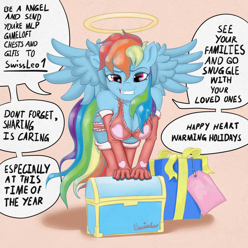absurd_res anthro anthrofied blue_fur breasts cleavage clothed clothing dialog english_text equine female friendship_is_magic fur hair halo hi_res horse looking_at_viewer mammal multi-colored_hair my_little_pony pegasus pony purple_eyes rainbow_dash_(mlp) rainbow_hair signature solo swissleo swissleos text wings