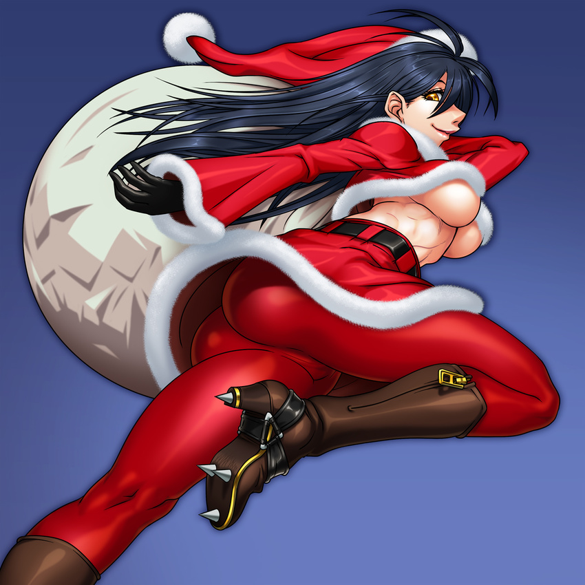 aozoraichi ass black_hair breasts highres large_breasts original santa_costume shoes skin_tight solo underboob yellow_eyes