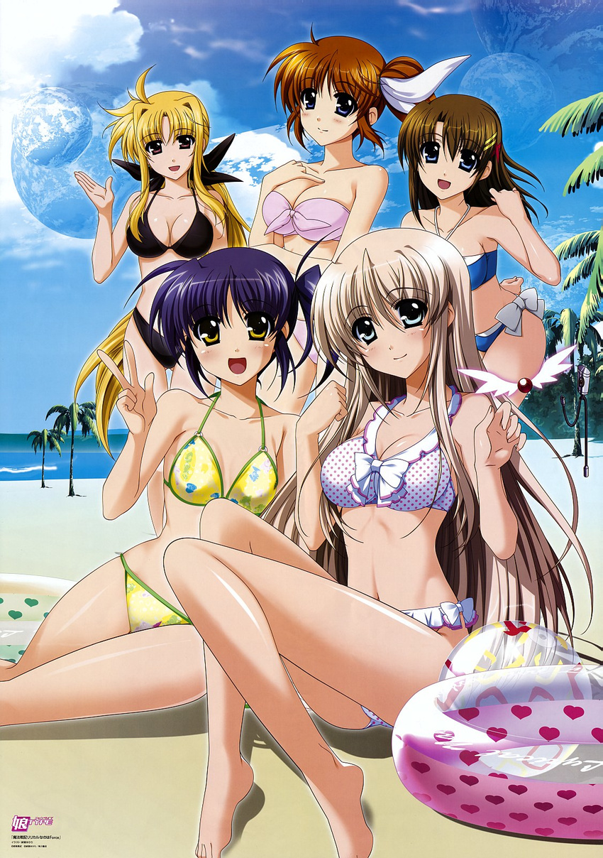 ball beach beachball bikini blonde_hair blue_eyes blue_hair breasts brown_hair cleavage fate_testarossa higa_yukari highres innertube isis_eaglet lily_strosek lyrical_nanoha mahou_senki_lyrical_nanoha_force medium_breasts multiple_girls non-web_source nyantype ocean polka_dot polka_dot_bikini polka_dot_swimsuit raising_heart sand side_ponytail steed_(nanoha) swimsuit takamachi_nanoha yagami_hayate yellow_eyes