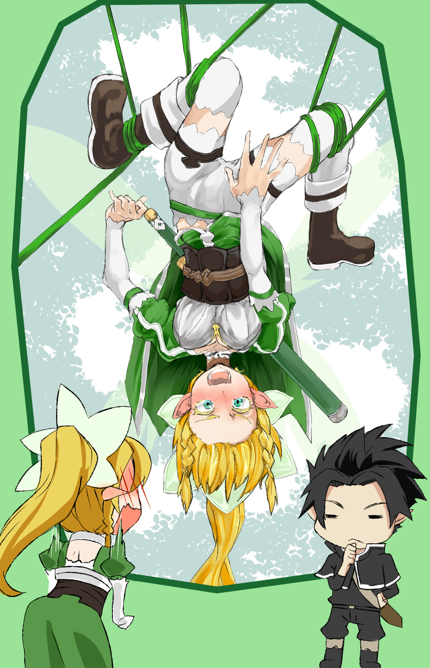 1girl bad_id bad_pixiv_id black_hair blonde_hair blush braid chibi highres kamo_(yokaze) kirito kirito_(sao-alo) leafa long_hair plant pointy_ears ponytail sword_art_online twin_braids upside-down vines