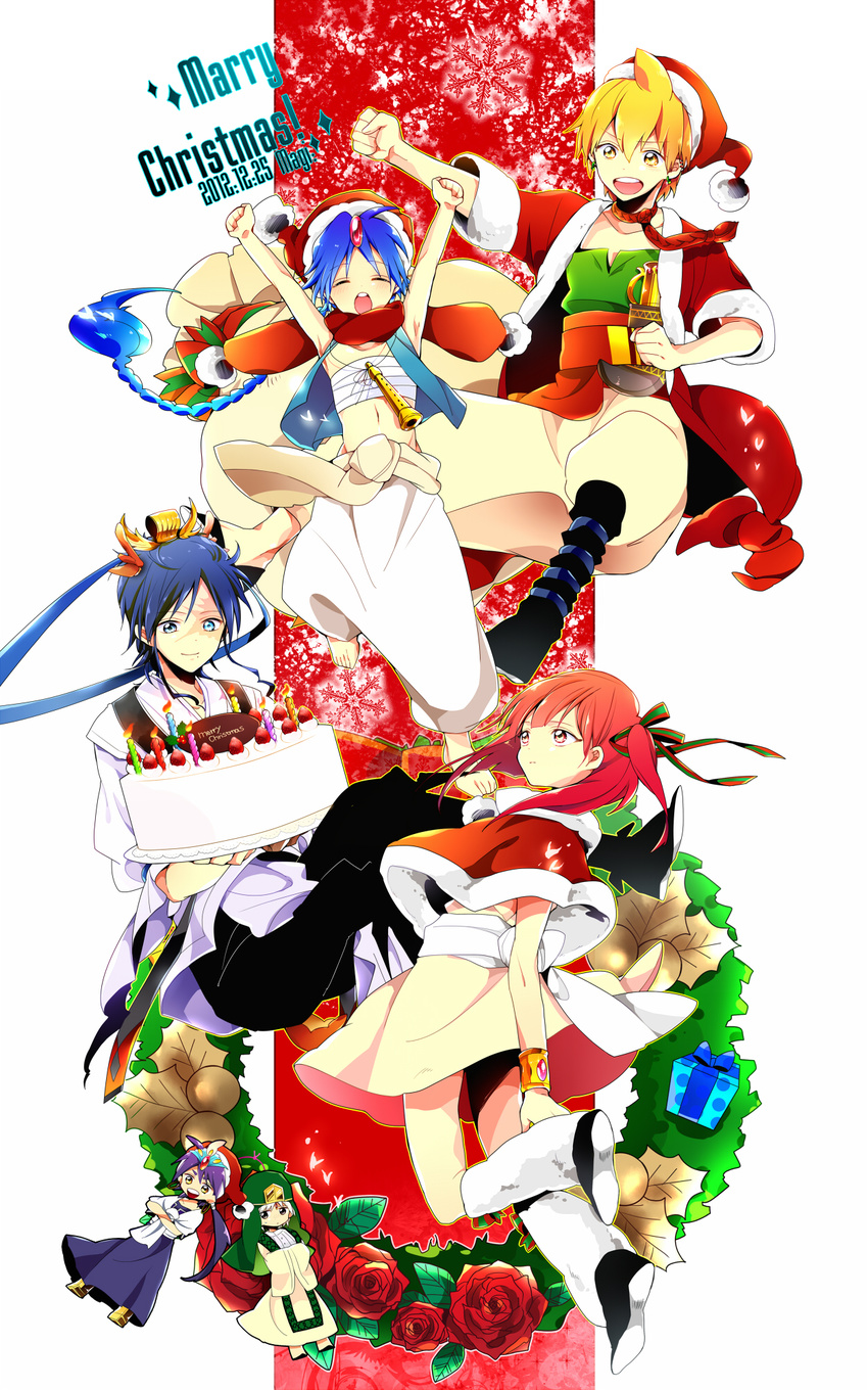 5boys ^_^ aladdin_(magi) ali_baba_saluja arms_up bad_id bad_pixiv_id barefoot blonde_hair blue_eyes blue_hair bracelet braid cake christmas closed_eyes crossed_arms dandel feet flower flute food gift hat highres instrument ja'far jewelry keffiyeh knife long_hair magi_the_labyrinth_of_magic merry_christmas midriff morgiana multiple_boys navel one_side_up purple_hair red_eyes red_hair ren_hakuryuu rose santa_hat short_hair sinbad_(magi) single_braid smile turban white_hair