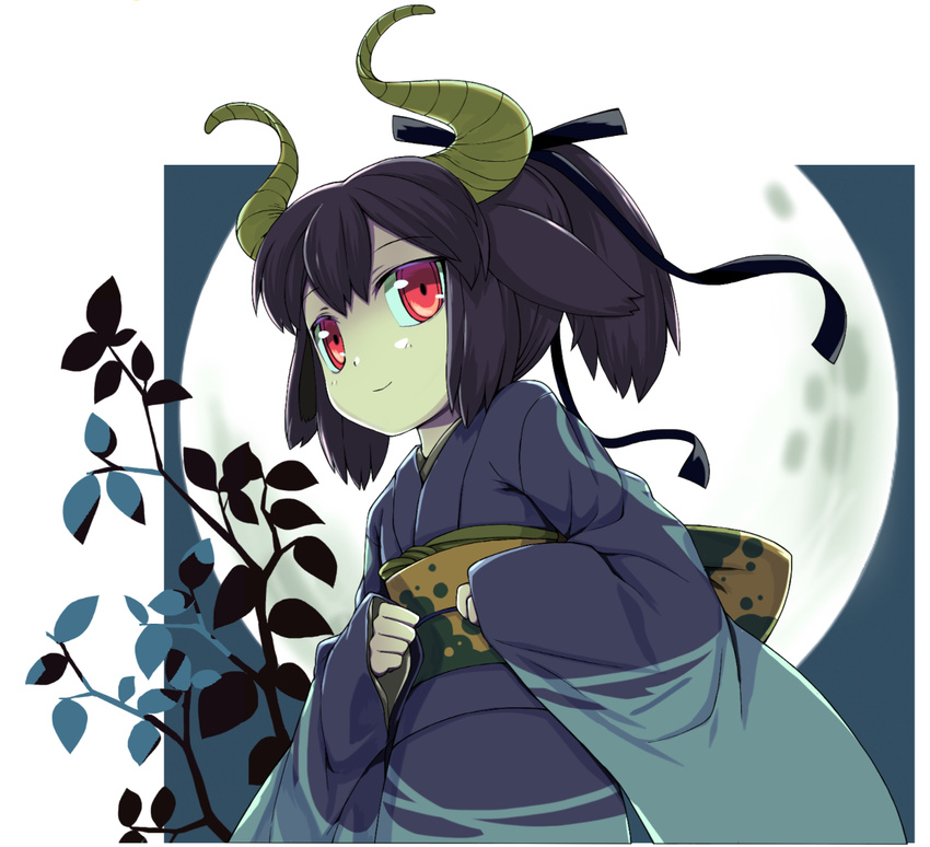 animal_ears branch clenched_hands full_moon hair_ribbon horns ikura_hato japanese_clothes kimono leaf moon obi original ponytail purple_hair red_eyes ribbon sash smile solo