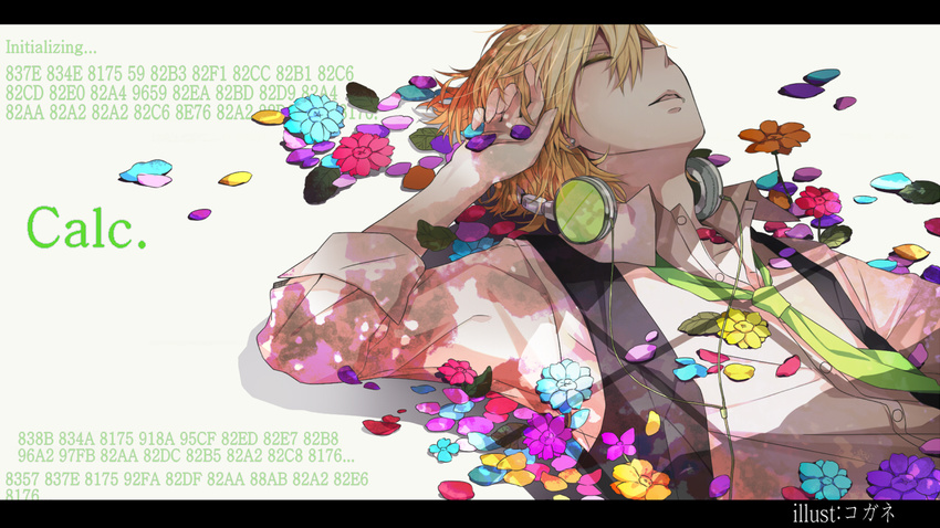 96neko asasumiboochan calc_(vocaloid) flower headphones lying necktie niconico petals solo vocaloid