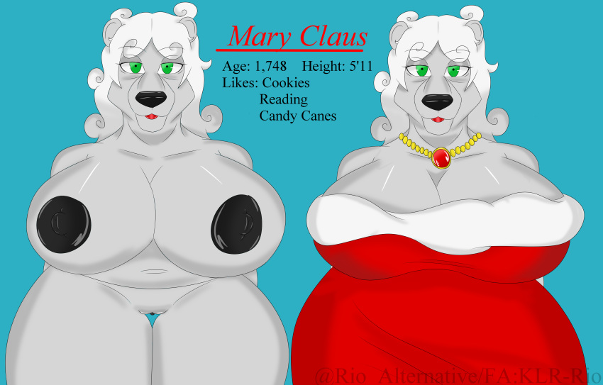 absurd_res big_breasts black_nipples bottom_lip breasts christmas female green_eyes hi_res holidays invalid_tag jewelry jewlery klr-rio mammal model_sheet mrs._claus navel necklace nipples old polar_bear pussy santa_claus simple_background solo ursine wide_hips