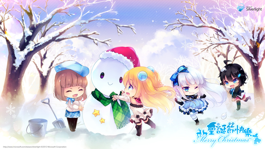 :d ^_^ ahoge aizawa_aoi aizawa_hikaru aizawa_rei aizawa_yuu_(microsoft) arm_warmers bare_tree beret black_gloves black_hair black_legwear blonde_hair blue_eyes boots bow brown_hair bucket chibi christmas closed_eyes dress elbow_gloves gloves grin hair_bobbles hair_bow hair_ornament hair_ribbon hairclip hat highres leg_warmers merry_christmas microsoft multiple_girls official_art one_eye_closed open_mouth pantyhose plaid plaid_scarf plaid_shorts plaid_skirt ribbon santa_hat scarf shinia short_hair shorts shovel silver_hair silverlight skirt smile snow snowball snowball_fight snowflakes snowman thighhighs tree two_side_up v-shaped_eyebrows wallpaper