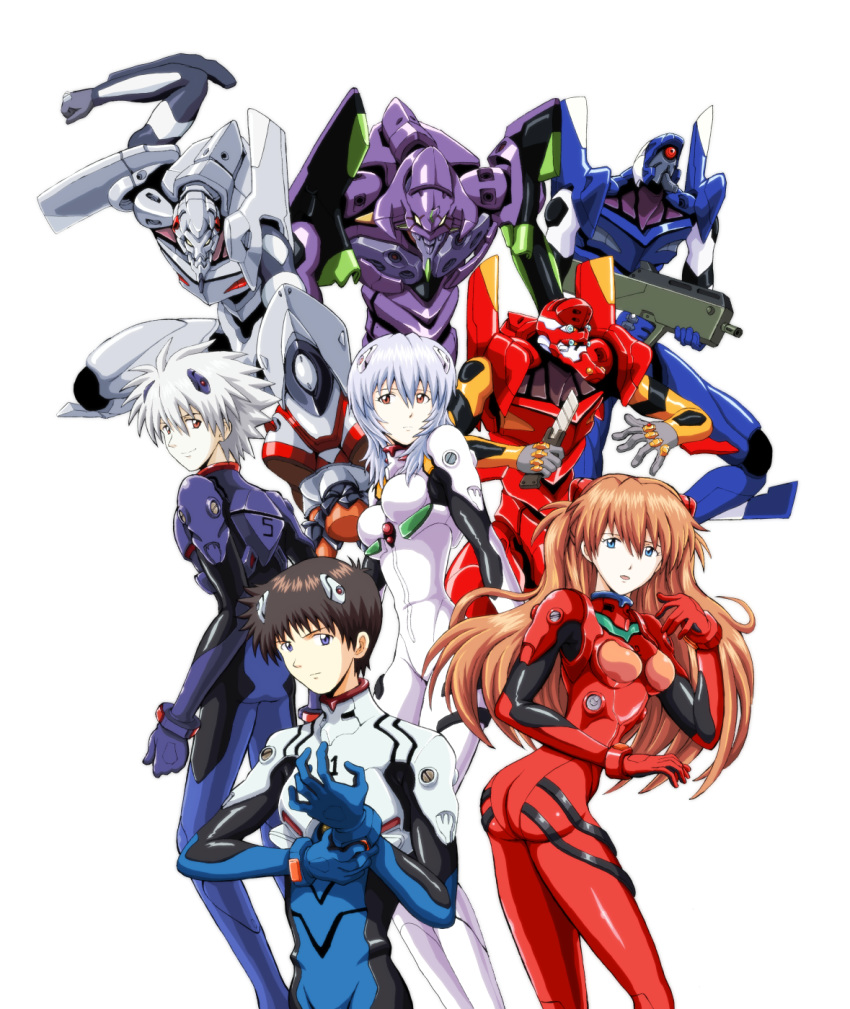 2boys 2girls alternate_hair_length alternate_hairstyle amai_yadoraki ayanami_rei blue_bodysuit blue_eyes bodysuit brown_hair eva_00 eva_01 eva_02 floating_hair hair_between_eyes headgear highres ikari_shinji long_hair looking_at_viewer multiple_boys multiple_girls nagisa_kaworu neon_genesis_evangelion plugsuit purple_bodysuit red_bodysuit red_eyes shiny shiny_clothes shiny_hair silver_hair simple_background soryu_asuka_langley very_long_hair white_background white_bodysuit