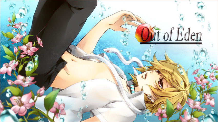 96neko apple bad_id bad_pixiv_id blonde_hair bubble earrings flat_chest flower food fruit jewelry navel niconico out_of_eden_(vocaloid) rico_(fbn3) snake solo underwater vocaloid