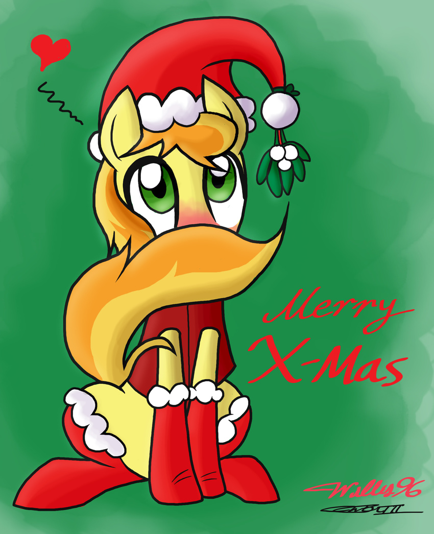 &lt;3 blonde_hair blush braeburn_(mlp) christmas english_text equine feral friendship_is_magic green_eyes hair hat hiding holidays horse male mammal mistletoe my_little_pony pony santa_hat socks solo text two_tone_hair vest willis96