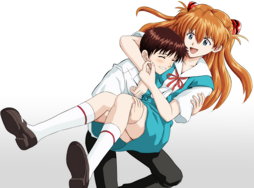 1boy 1girl amai_yadoraki black_pants blue_eyes blue_skirt blush brown_hair carrying couple eyebrows_visible_through_hair eyes_closed floating_hair gradient gradient_background grin hair_between_eyes headgear ikari_shinji long_hair neck_ribbon neon_genesis_evangelion pants princess_carry red_ribbon ribbon school_uniform shiny shiny_hair shirt short_sleeves skirt smile soryu_asuka_langley white_background white_legwear white_shirt