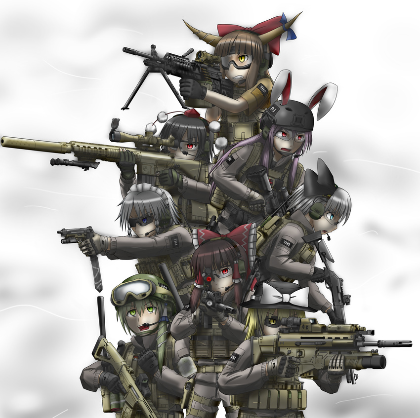 absurdres animal_ears assault_rifle benelli_m1014 bunny_ears bushmaster_acr ears_through_headwear fn_scar gloves gun hakurei_reimu handgun hat heckler_&amp;_koch helmet highres hk416 ibuki_suika izayoi_sakuya kirisame_marisa knife kochiya_sanae konpaku_youmu load_bearing_vest long_hair m110_sass m249 maaranto machine_gun military military_operator military_uniform multiple_girls pistol reisen_udongein_inaba rifle s&amp;w_m&amp;p shameimaru_aya short_hair shotgun sniper_rifle suppressor tokin_hat touhou uniform weapon witch_hat