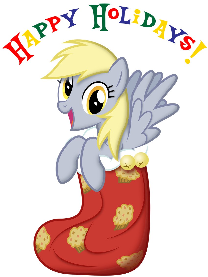 alpha_channel bell bells blonde_hair christmas_stocking christmas_stockings derp_eyes derpy_hooves_(mlp) english_text equine female feral food friendship_is_magic hair happy_holidays hi_res horse looking_at_viewer mammal muffin my_little_pony pegasus plain_background pony solo text transparent_background wings yanoda yellow_eyes