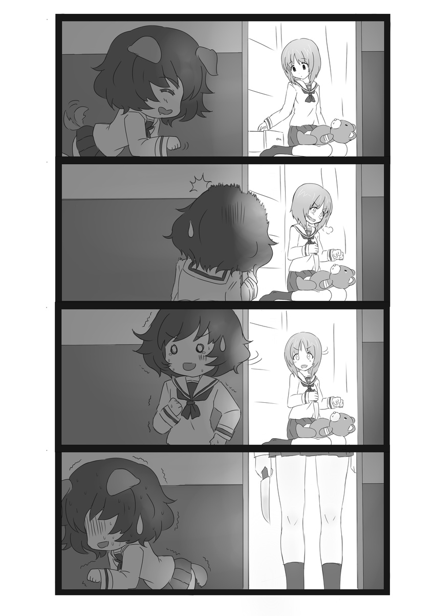 2girls 4koma :d absurdres akiyama_yukari animal_ears breath comic crazy_eyes dog_ears dog_tail empty_eyes girls_und_panzer greyscale heavy_breathing highres knife monochrome multiple_girls nishizumi_miho no_eyes o_o ooarai_school_uniform open_mouth paw_pose peeking_out school_uniform serafuku short_hair silent_comic smile stuffed_animal stuffed_toy sweat tail tail_wagging tears teddy_bear trembling turn_pale wavy_mouth yinzhai