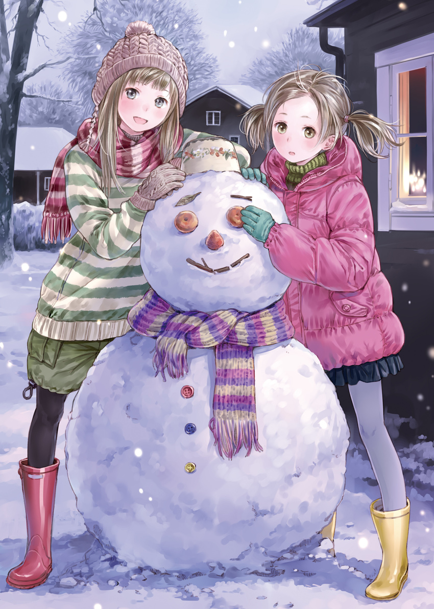 :d absurdres beanie black_legwear blue_eyes blue_legwear boots brown_eyes brown_hair buttons carrot coat food fruit gloves hat highres hood house kishida_mel leaf long_hair mandarin_orange multiple_girls open_mouth original pantyhose red_footwear rubber_boots scan scarf short_hair short_twintails skirt smile snow snowing snowman standing stick striped striped_scarf striped_sweater sweater tree turtleneck twintails winter_clothes yellow_footwear