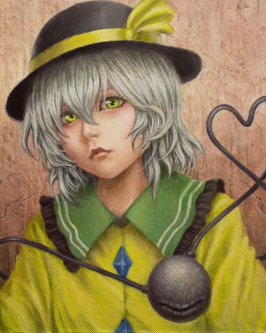 blouse brown_background eyelashes green_eyes hat hat_ribbon head_tilt heart heart_of_string highres komeiji_koishi lips long_sleeves looking_at_viewer nose oil_painting_(medium) ribbon short_hair solo third_eye touhou traditional_media tsun_(tsutaya01) upper_body white_hair