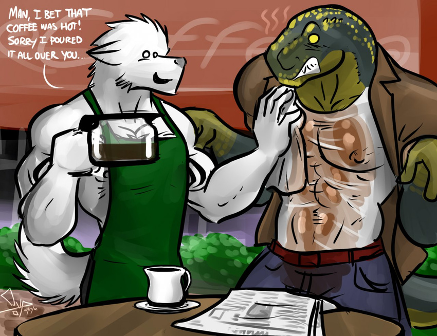 abs achilles anthro bgn biceps big canine clothing coffee dialog dinosaur duo hot humor male mammal muscles nipples ouch pecs reptile scalie smile standing text theropod tyrannosaurus_rex wolf zeke