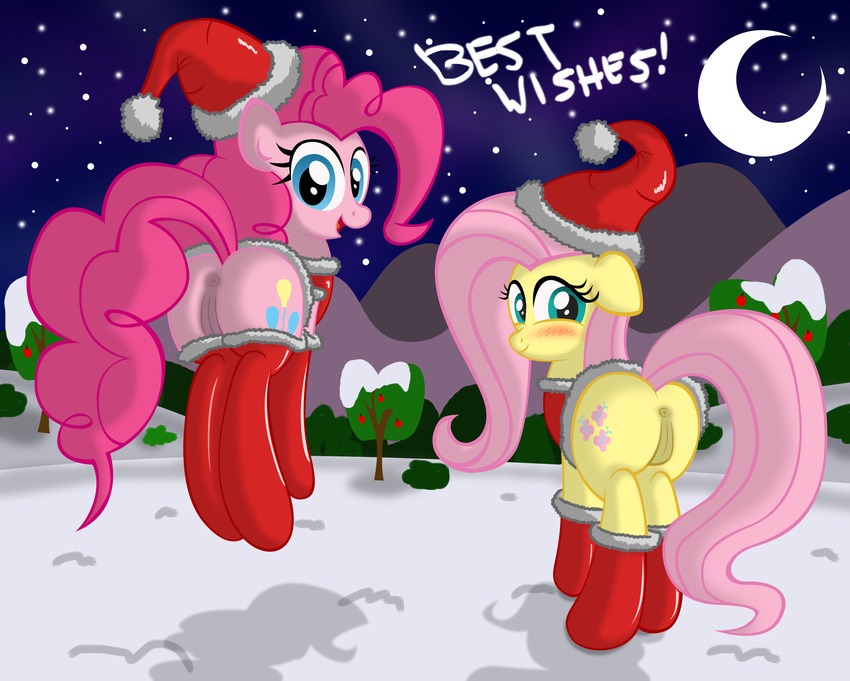 english_text equine female feral fluttershy_(mlp) friendship_is_magic hair hat holidays horse looking_at_viewer mammal moon my_little_pony night outside pegasus pinkie_pie_(mlp) pony presenting pussy text wings ziemniax