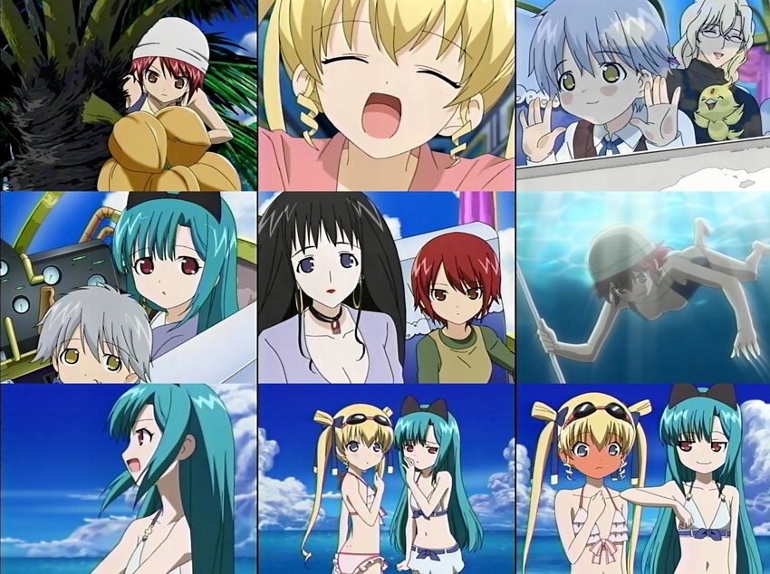 :d aqua_hair bikini blonde_hair blush brown_hair character_request cowboy_shot day diving from_side full-face_blush goggles goggles_on_head hayama_kotono hijiri_misaki light_rays looking_at_viewer multiple_girls navel open_mouth profile purple_eyes red_hair saint_october screencap shirafuji_natsuki short_hair sidelocks smile stomach sunlight swimsuit twintails upper_body water