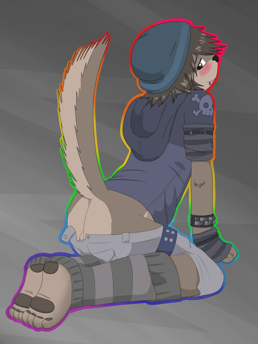 all_fours balls blush butt canine chancebandit clothing coyote hat hindpaw kneeling looking_at_viewer looking_back male mammal pawpads paws plantigrade raised_tail soles solo tail_button_bottoms toes undressing