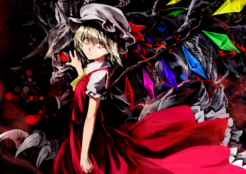 blonde_hair claws flandre_scarlet from_side hat long_skirt monster pino_(birthdayparty) red_eyes short_hair skirt skirt_set slit_pupils solo touhou wings