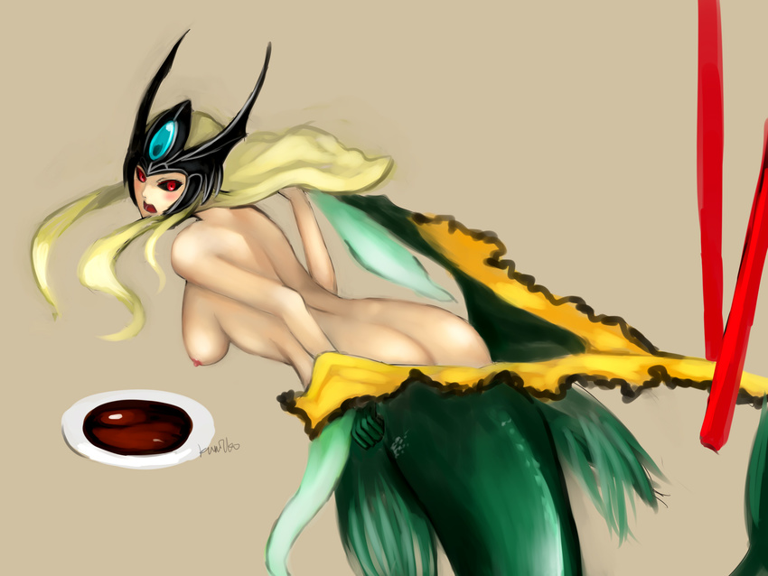 ass back black_sclera blush breasts chopsticks forehead_jewel from_behind helmet highres horned_helmet horns kumiko_shiba league_of_legends long_hair medium_breasts mermaid monster_girl nami_(league_of_legends) nipples nude open_mouth red_eyes scales solo soy_sauce