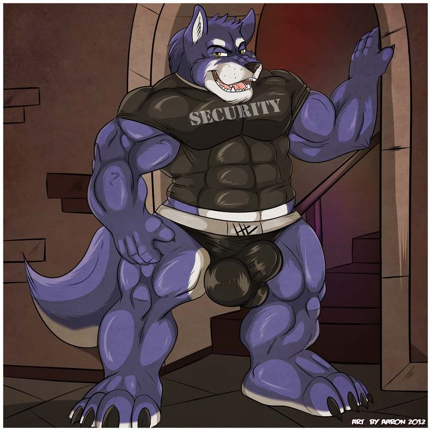 aaron_(artist) abs anthro balls biceps big_muscles bouncer bulge canine claws clothed clothing fangs fur jockstrap looking_at_viewer male mammal muscles open_mouth pecs pepsi_(fa) pose security shirt solo underwear vein wolf