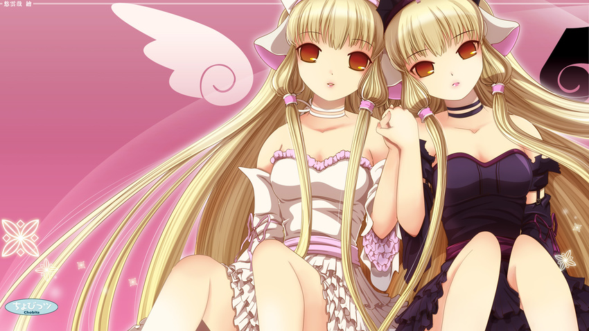 bare_shoulders black_dress blonde_hair brown_eyes chii chobits choker copyright_name detached_sleeves detached_wings dress freya_(chobits) frilled_dress frills hair_tubes highres holding_hands long_hair multiple_girls parted_lips pink_background ribbon ribbon_choker robot_ears siblings sitting twins very_long_hair wallpaper white_dress wings yuu_kumoya