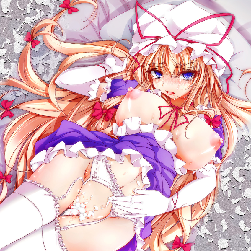 after_sex blonde_hair blood blue_eyes breasts cum cum_in_pussy cum_pool elbow_gloves frilled_legwear furaido garter_belt gloves hat highres lace lace-trimmed_thighhighs large_breasts long_hair nipples no_bra no_panties puffy_nipples solo tears thigh_gap thighhighs thighs touhou very_long_hair virgin white_gloves white_legwear yakumo_yukari