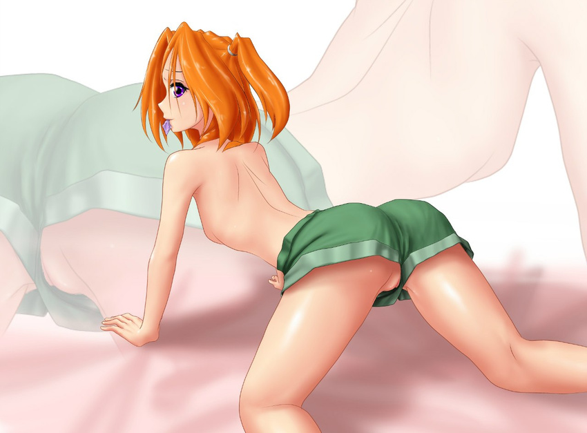 1girl condom condom_in_mouth from_police_to_kids iichan.ru mouth_hold mvd-tan no_panties purple_eyes pussy_peek red_hair shorts_aside solo upshorts vagina