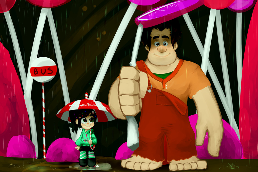 1girl black_hair candy child food highres lydi-lydi_(jes) mismatched_legwear overalls pantyhose parody ponytail striped striped_legwear tonari_no_totoro umbrella vanellope_von_schweetz wreck-it_ralph wreck-it_ralph_(character)