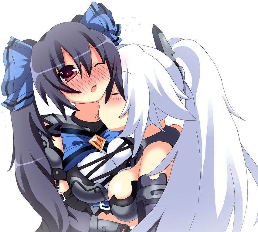 2girls black_hair black_heart blush breasts choujigen_game_neptune compile_heart dual_persona hair_ornament idea_factory kami_jigen_game_neptune_v large_breasts long_hair multiple_girls neptune_(series) noire red_eyes selfcest twintails very_long_hair white_hair yuri