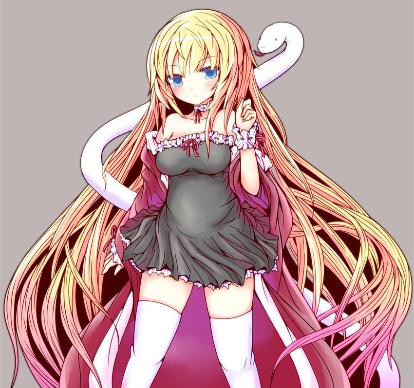 bare_shoulders blonde_hair blue_eyes blush choker dress grey_background long_hair looking_at_viewer new_year original shio_poteto simple_background snake solo thighhighs very_long_hair white_legwear