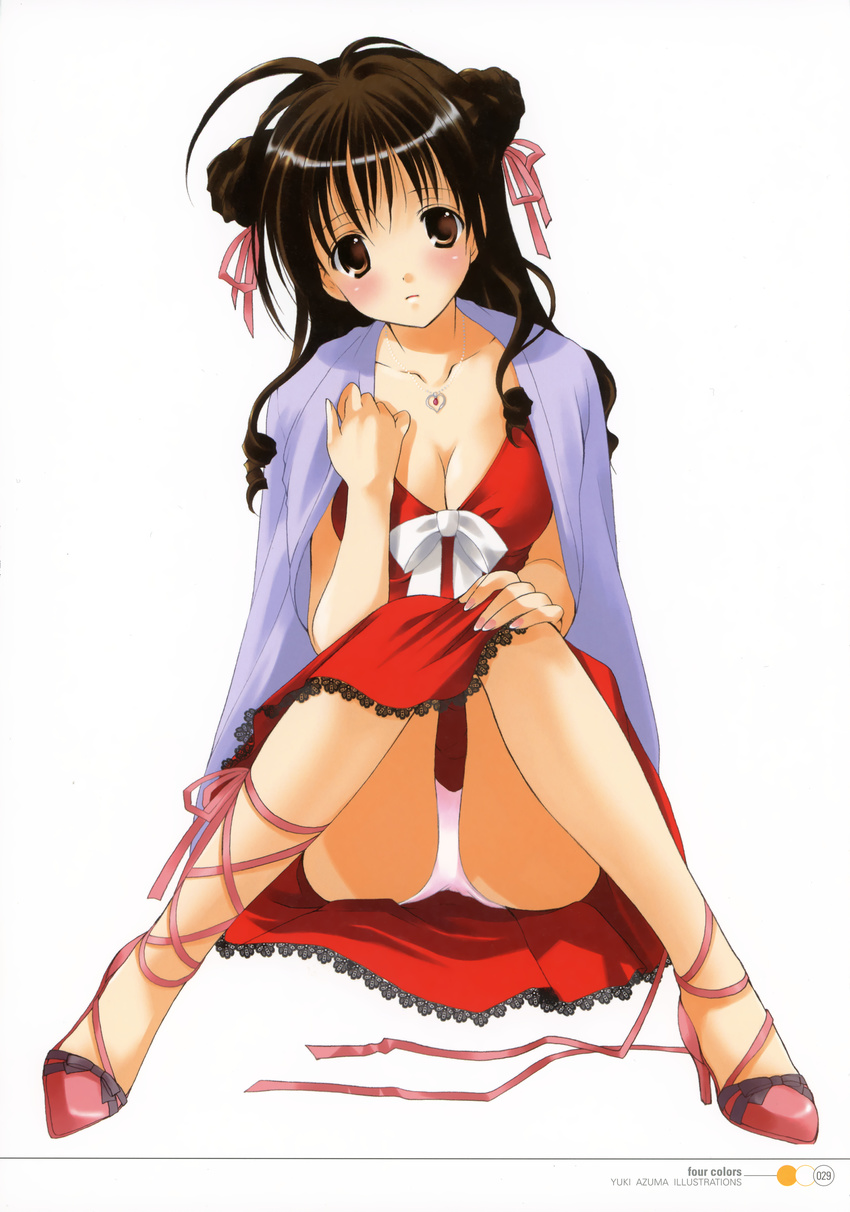 absurdres azuma_yuki breasts brown_eyes brown_hair cleavage copyright_request cross-laced_footwear highres jewelry knees_together_feet_apart lace-up_heels medium_breasts necklace panties pantyshot pantyshot_(sitting) red_skirt shawl sitting skirt solo underwear white_panties