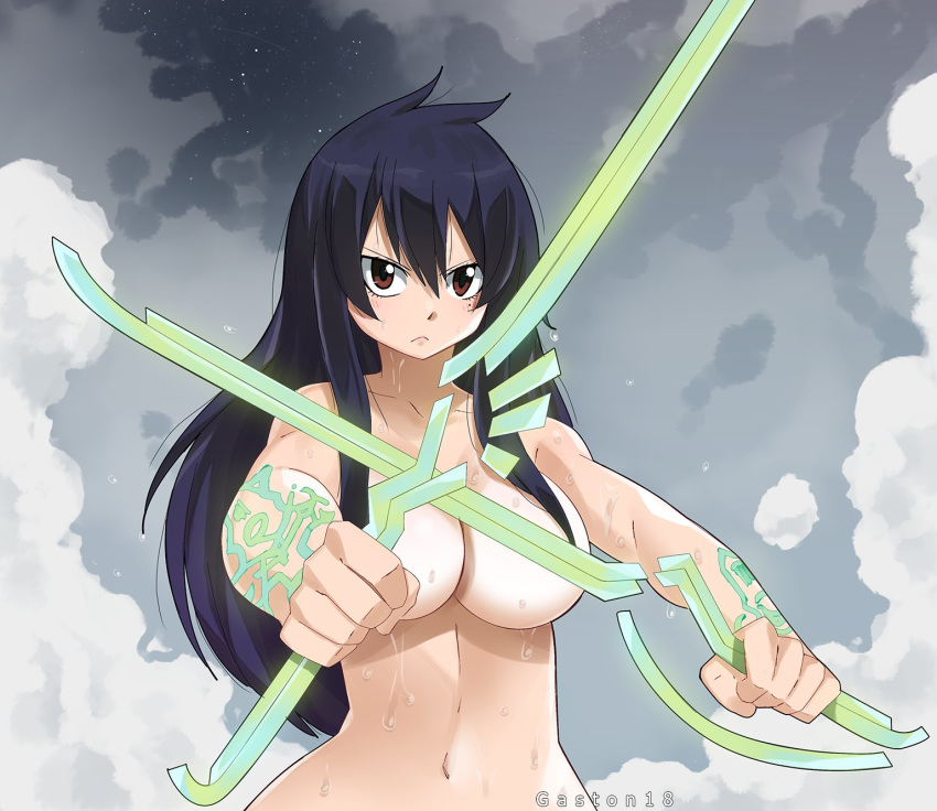 1girl black_hair breasts brown_eyes eden's_zero gaston18 kogetsu_homura large_breasts long_hair nude sideboob sword weapon