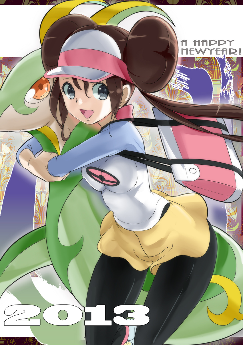 2013 :d absurdres bag bow breasts brown_hair double_bun english gen_5_pokemon grey_eyes happy_new_year highres hug long_hair makoto_daikichi medium_breasts mei_(pokemon) new_year open_mouth orange_eyes pantyhose pokemon pokemon_(creature) pokemon_(game) pokemon_bw2 raglan_sleeves serperior shorts smile twintails visor_cap