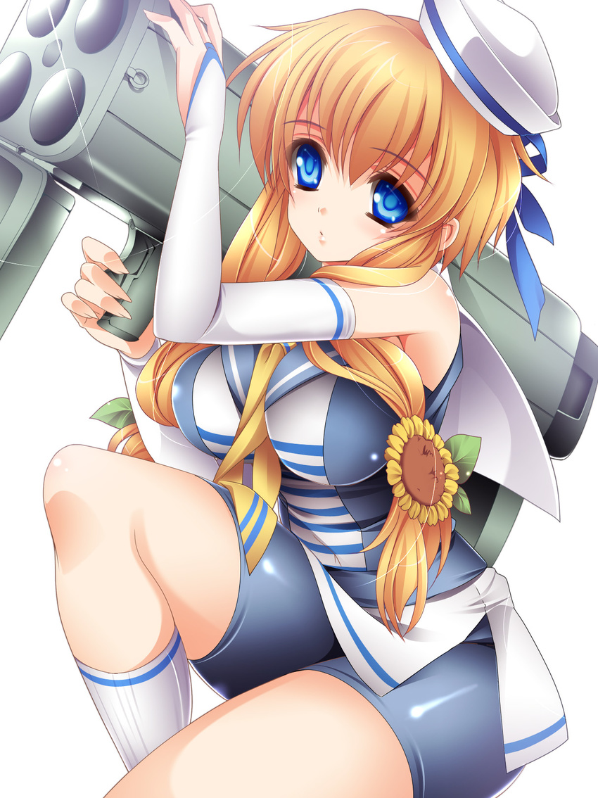 bike_shorts blonde_hair blue_eyes blush bridal_gauntlets dixie_cup_hat flower hair_flower hair_ornament hat highres military_hat moneti_(daifuku) multishot_rocket_launcher on_shoulder original ribbon rocket_launcher sailor_hat short_hair_with_long_locks sidelocks skirt solo squatting sunflower weapon