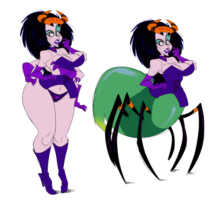 abdomen animal_humanoid arachnid armwear arthropod black_hair boots breasts cartoon_network cleavage clothed clothing elbow_gloves female footwear freckles gloves hair high_heels humanoid lips multi_limb purple_lips shoes simple_background slb solo spider spider_humanoid standing the_grim_adventures_of_billy_and_mandy thick_thighs velma_green white_background wide_hips