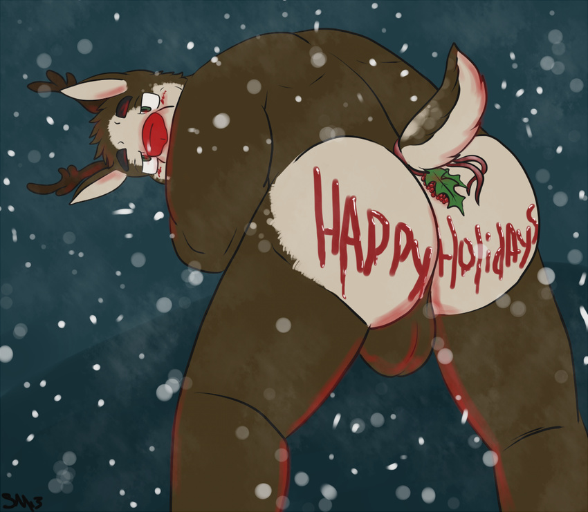 big_butt blush butt cervine christmas holidays holly looking_at_viewer male mammal reindeer rudolph skoogers slothmonster snow snowing solo text