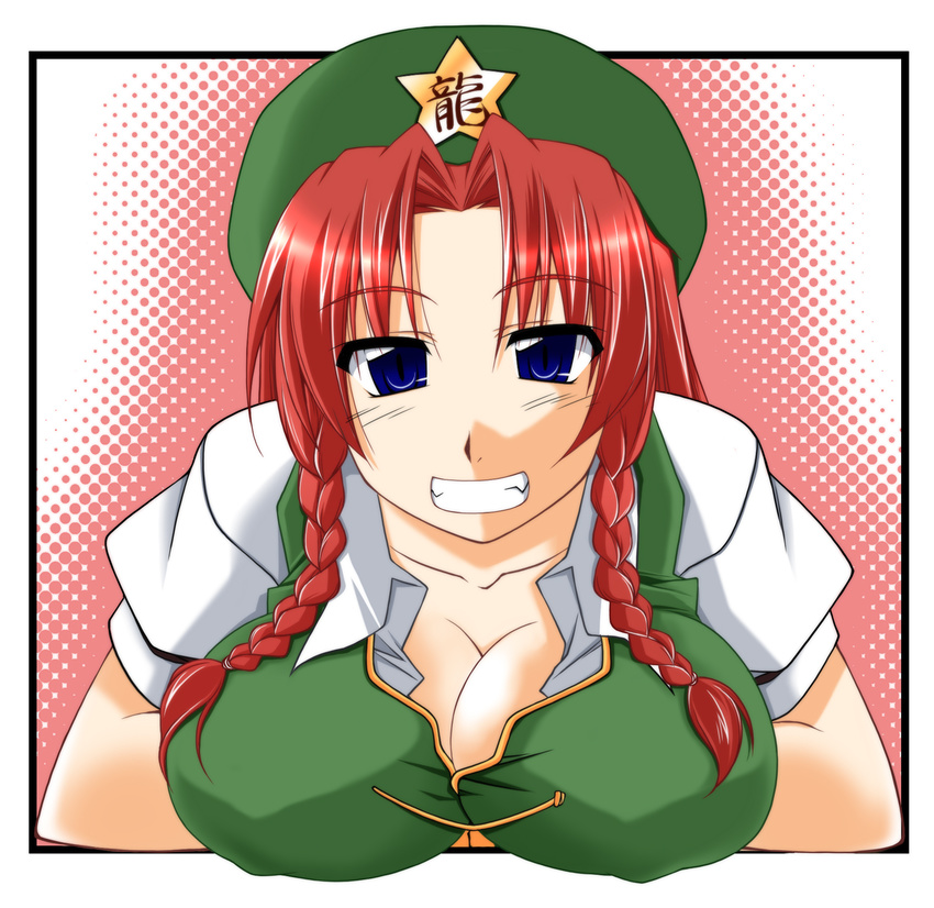 blue_eyes braid breasts china_dress chinese_clothes cleavage dress grin hat highres hong_meiling inu_mamoru_mizuki large_breasts long_hair red_hair smile solo touhou twin_braids