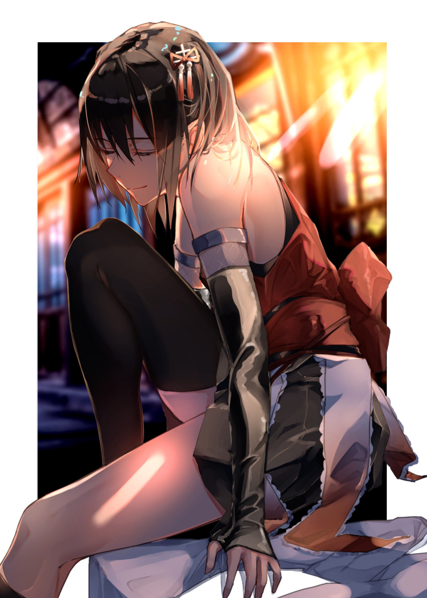 1girl absurdres asymmetrical_legwear black_gloves black_hair black_legwear black_skirt closed_eyes cowboy_shot double-breasted fingerless_gloves gloves highres kantai_collection kumanoko remodel_(kantai_collection) scarf school_uniform sendai_(kantai_collection) serafuku short_hair single_thighhigh sitting skirt smile solo thighhighs two_side_up white_scarf