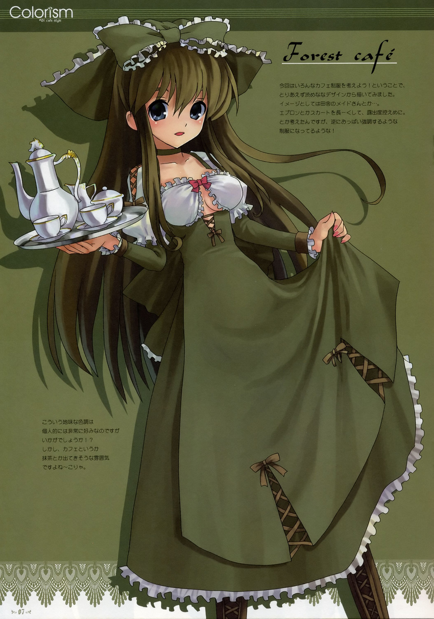 absurdres bangs black_choker blue_eyes boots bow breasts brown_hair choker collarbone copyright_request creamer_(vessel) cross-laced_footwear cup dress frilled_bow frilled_sleeves frills green green_background green_bow green_dress hair_between_eyes hair_bow highres holding holding_tray katahira_masashi long_hair long_sleeves looking_at_viewer nail_polish open_mouth pink_nails ribbon saucer short_over_long_sleeves short_sleeves skirt_hold smile solo sugar_bowl tea_set teacup teapot tray