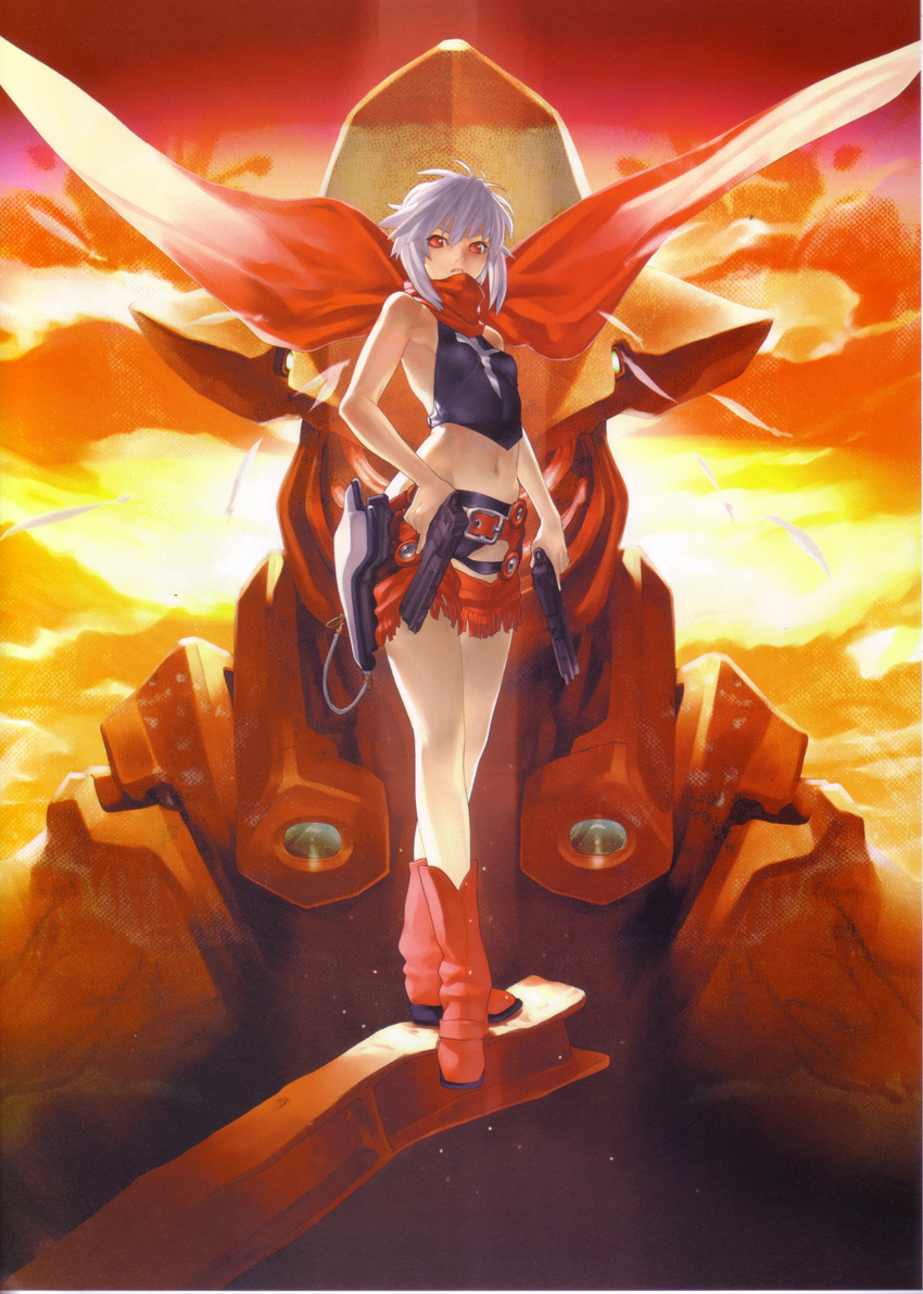 absurdres bakuretsu_tenshi boots desert_eagle dual_wielding fringe_trim gun hakua_ugetsu handgun highres holding holster jo_(bakuretsu_tenshi) midriff pistol red_eyes scan scarf short_hair silver_hair solo sunset thigh_holster weapon