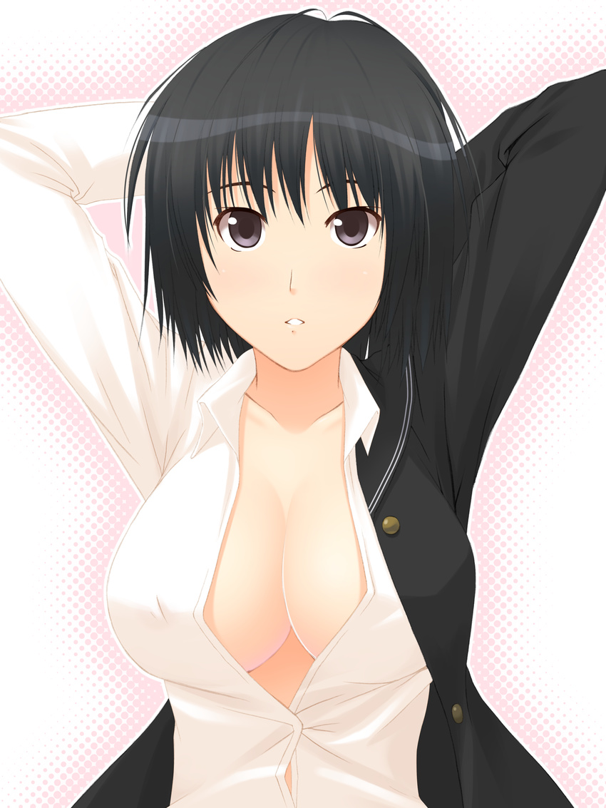 absurdres amagami arms_behind_head bad_id bad_pixiv_id black_hair breasts cleavage halftone halftone_background highres hinata_nao large_breasts nanasaki_ai no_bra open_clothes open_shirt parted_lips shirt short_hair solo