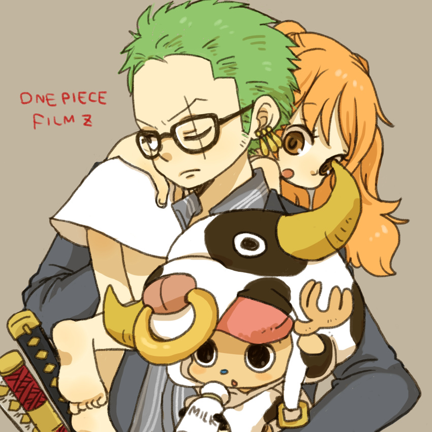 1boy 1girl :o barefoot bespectacled brown_eyes carrying child copyright_name cow cow_print dress earrings formal glasses green_hair horns jewelry long_hair milk nami nami_(one_piece) one-eyed one_piece one_piece_film_z orange_hair plaid reindeer roronoa_zoro scar suit title_drop tony_tony_chopper twintails young younger yukke