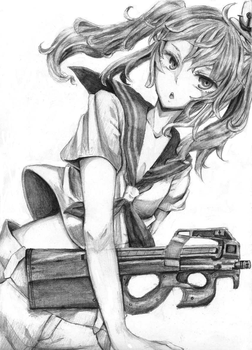 :o absurdres ascot bullpup graphite_(medium) greyscale gun highres kitashirakawa_chiyuri midriff moemi328 monochrome p90 sailor_collar shorts solo submachine_gun touhou touhou_(pc-98) traditional_media tsurime twintails weapon