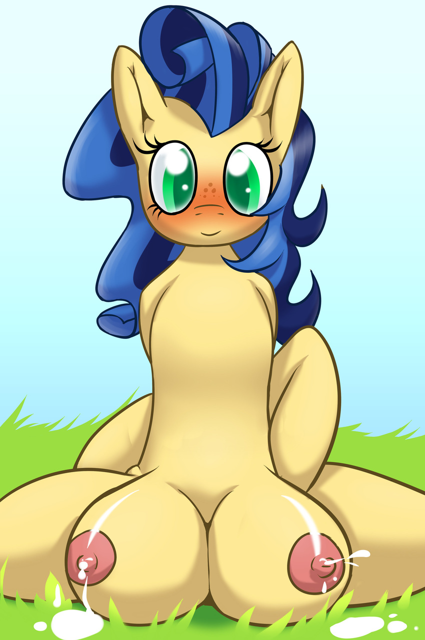 big_breasts blue_hair blush breasts equine female feral freckles fur hair horse looking_at_viewer mammal milk milky_way_(character) my_little_pony pony randomdouche smile solo spread_legs spreading teats two_tone_hair yellow_fur