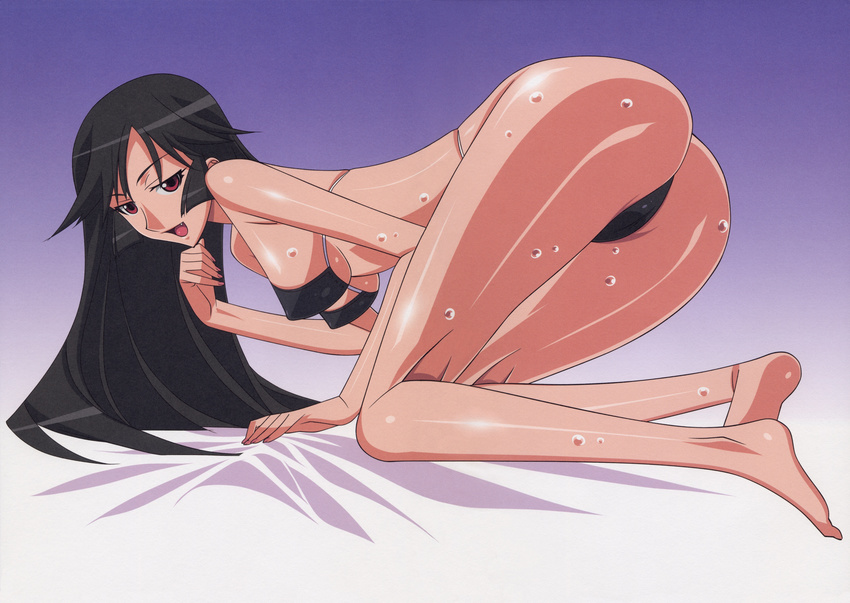 1girl absurdres all_fours ass bare_shoulders barefoot bent_over bikini black_hair breasts fang feet highres kaibutsu_oujo kamura_reiri kuroda_kazuya long_hair looking_at_viewer open_mouth red_eyes smile solo sweat swimsuit underboob vampire wet